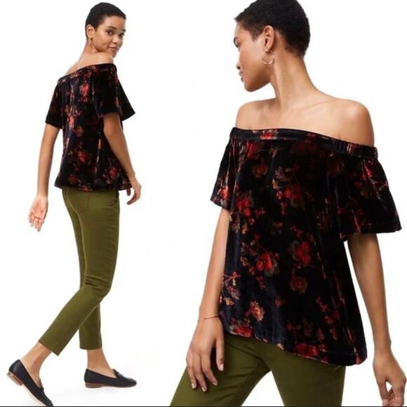 LOFT Women’s Black Red Velvet Floral Off the Shoulder Blouse Size Small - Picture 1 of 9